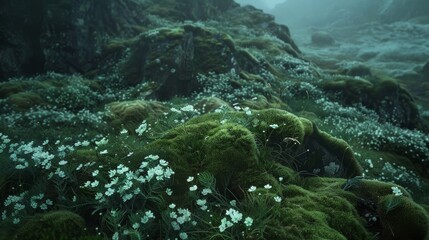 Serene Mountain Landscape with Lush Moss and White Flowers in Misty Atmosphere