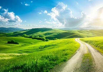 Fototapeta premium Beautiful green landscape with a path, rolling hills and a blue sky in summer