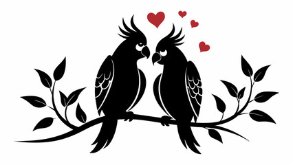 Romantic Cockatiel Couple Silhouette on Branch Vector Illustration