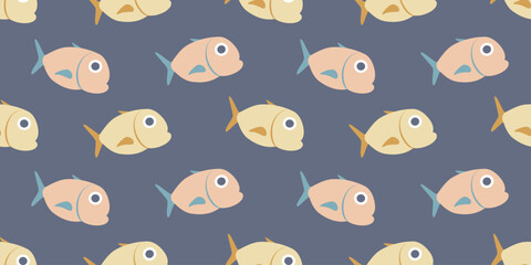 Seamless vector repeating pattern with a group of colored fish, on a blue background. School of sea fish. Ocean, river, tropical background for menu in flat style