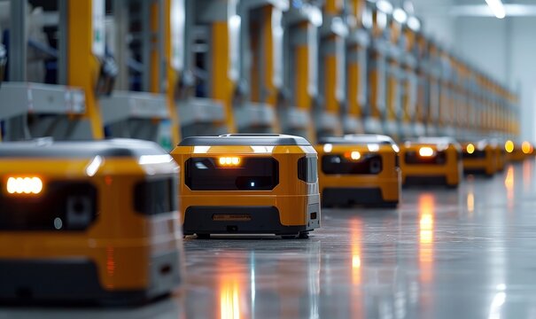 An army of robots efficiently sorting hundreds of parcels per hour(Automated guided vehicle) AGV, Generative AI