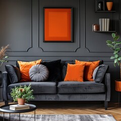 Orange pillow on dark grey sofa in modern apartment interior with poster and accessories decoration, Generative AI