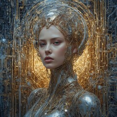 In a dreamlike watercolor painting, a technologically advanced AI is depicted in luxurious detail: intricate circuitry intertwines with shimmering gold and silver accents, creating a mesmerizing visua