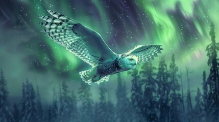 Snowy Owl Flying Under Aurora Borealis in Night Sky Over Winter Forest