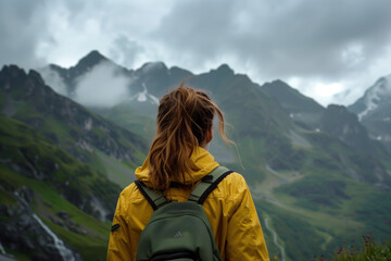 Fototapeta premium A female traveler in a yellow jacket stands with her back to the camera, looking at the foggy mountain peaks.
