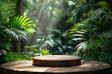Wooden podium in tropical forest for product presentation and green background, Generative AI