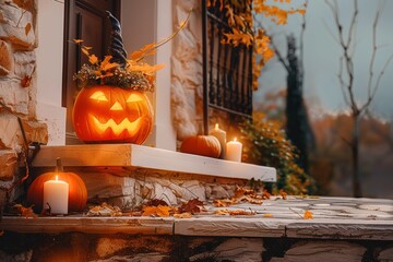 Obraz premium Halloween Background with Pumpkins. Halloween-themed background with glowing jack-o'-lanterns