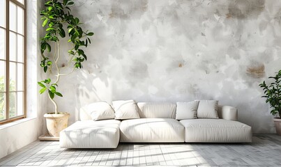 Bright and cozy modern living room interior have sofa and plant with white plaster wall, Generative AI