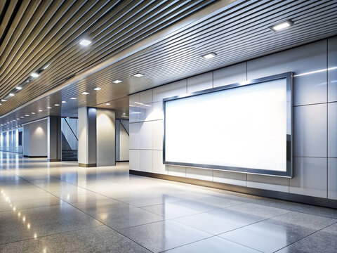 Modern architecture interior with large horizontal billboard at walkway in building, bright lighting, sleek lines, and minimalist design for urban advertisement display.