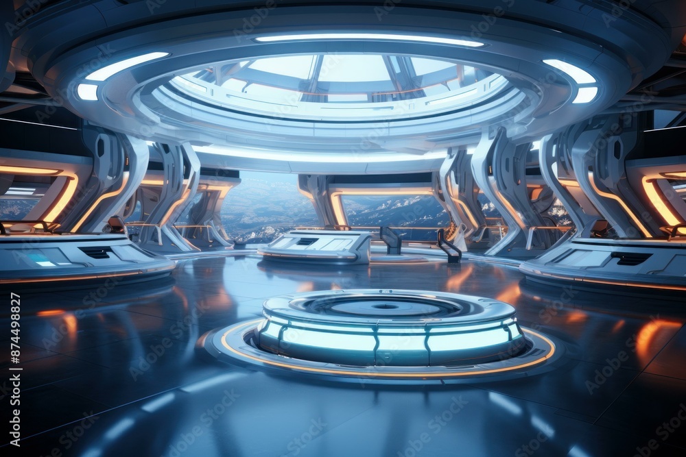 Poster the ultra-modern and technologically advanced futuristic spaceship control room with panoramic views