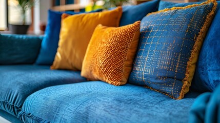 close up of blue fabric sofa ai generated