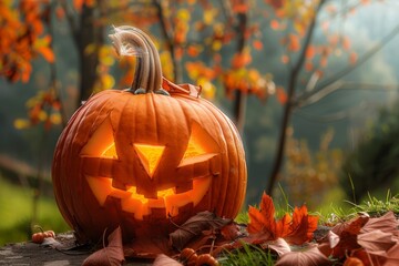 Halloween Background with Pumpkins. Halloween-themed background with glowing jack-o'-lanterns