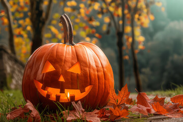 Halloween Background with Pumpkins. Halloween-themed background with glowing jack-o'-lanterns