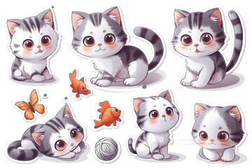 Illustrated kitten characters with fish and butterflies
