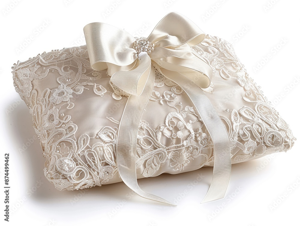 Wall mural luxurious wedding pillow for rings, adorned with lace and ribbons, isolated on a white background