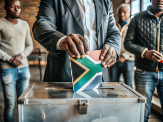 south african voter holding ballot paper with flag backdrop, election in south africa