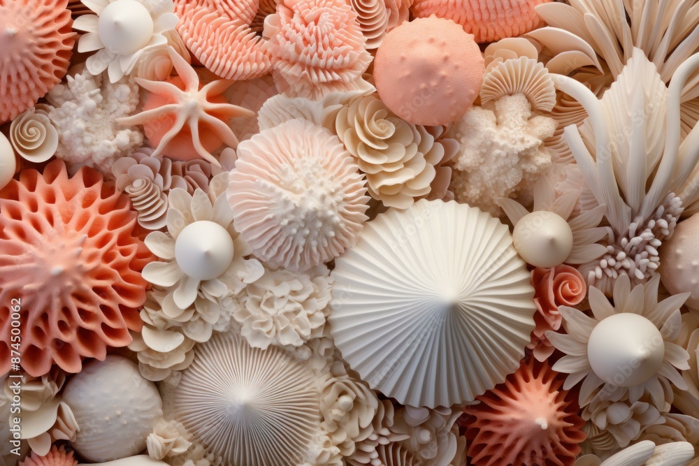 Poster close-up of assorted sea shells creating a natural textured background in pastel tones