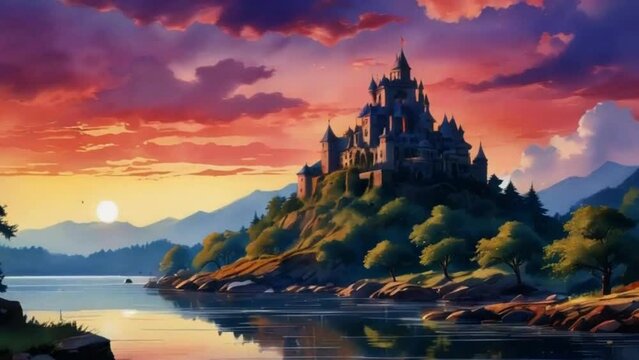 Ancient castles on a hill near a lake in the mountains