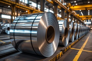 Abundant silver rolls of steel in a spacious warehouse, showcasing various sizes. A symbol of modern industry and manufacturing in an urban environment.