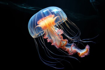 Fototapeta premium Stunning jellyfish with delicate tentacles drifts serenely in the tranquil depths of a dark ocean