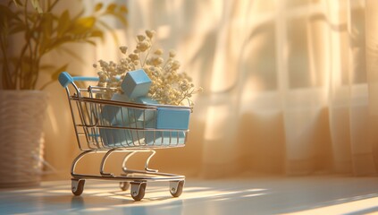 Vibrant digital illustration of a shopping cart filled with colorful building blocks, representing modern online shopping and creativity in design.