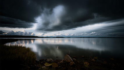 Obraz premium arafed view of a lake with a few clouds in the sky