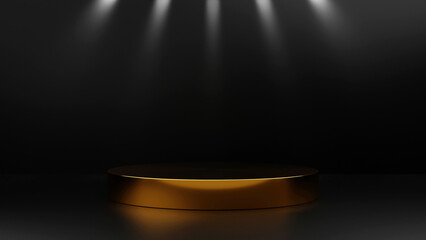 Elegant Gold Circle Podium on Black Background with Spotlight Illumination