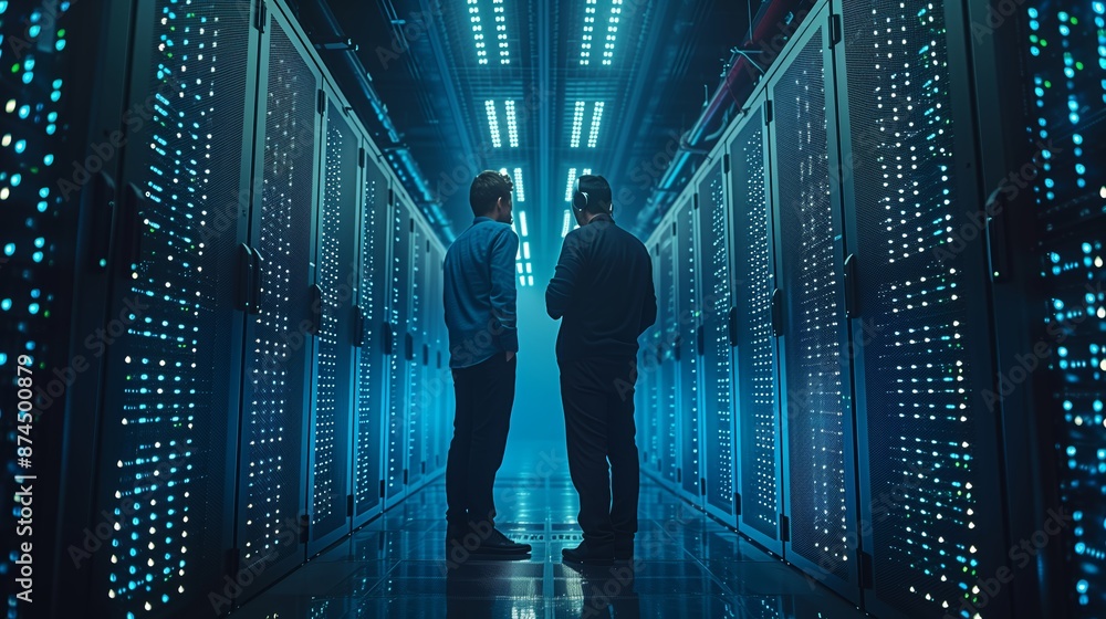 Poster two technicians inspecting server racks in a data center