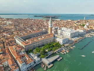 Aerial view of Venice with St. Mark's Basilica and Doge's Palace overlooking the Grand Canal