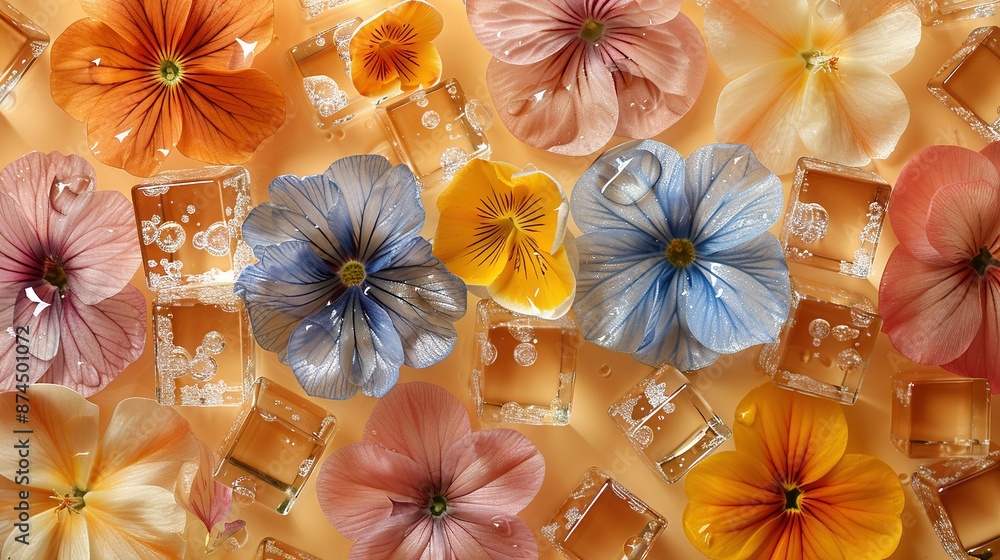 Poster a group of multicolored blooms perched atop translucent blocks of ice against a sunlit backdrop and 
