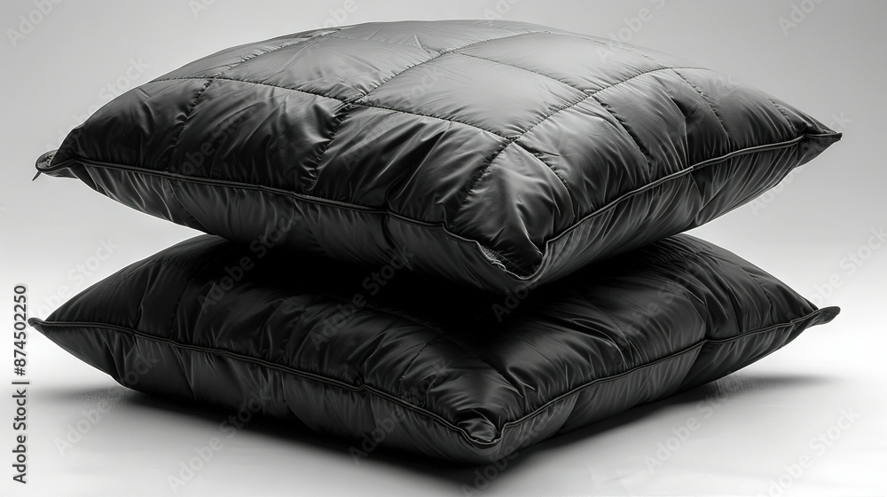 Poster two black pillows stacked on top of each other on a white surface in front of a gray background with