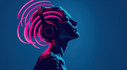 Young woman in headphones enjoying listening to music. Neon light. Visualization of enveloping sound with colored glowing lines. Blue back