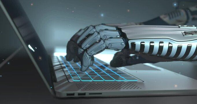 Ai technology replacing human, Robot typing on laptop keyboard