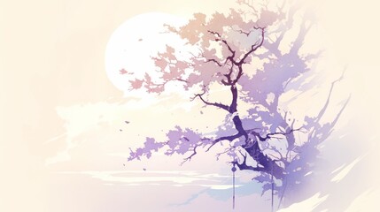 Serene Artistic Landscape with Tree Silhouette Against Moonlit Sky