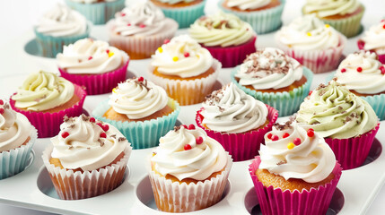 A close-up of various cup-cakes on a studio light background
