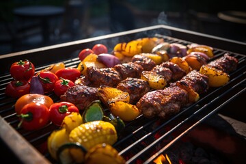 Grilled meat with vegetables and spices on a dark background. Baked meat and tomato. Delicious dish. Meat with spices and sauce.