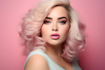 Fototapeta premium Woman with glamourous makeup with pink lipstick and blond hair in front of pink background.