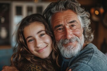 Cheerful beautiful adult daughter child hugging elder grey hair dad from behind with love, affection, gratitude, visiting parent at home, looking at camera, smiling, laughing. Family, Generative AI