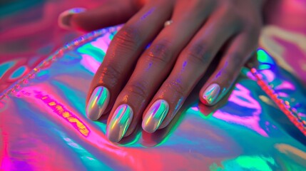 Vibrant Holographic Manicure on Glossy Surface Under Neon Lights for Fashion and Beauty Design