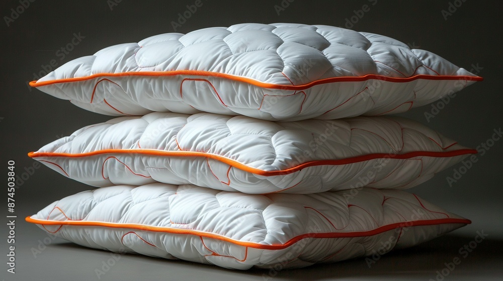 Poster three pillows layered on a gray background with an orange horizontal line dividing them