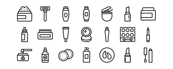 Personal care products related vector icons set.