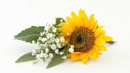 Obraz premium Grooms boutonniere with a sunflower and babys breath, isolated on a white background, showcasing the arrangement