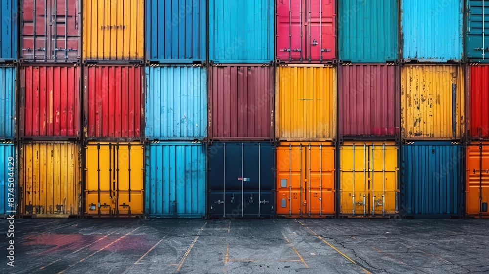 Poster a neatly stacked array of colorful shipping containers at a port, highlighting global logistics and 