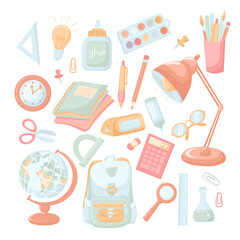 Set of school supplies in flat vector style, isolated on white background. School, backpack and items for children's creativity. Back to school
