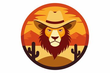 Circle artwork with t-shirt design, lion wearing cowboy hat, Texas desert background, vector illustration