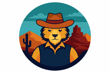 Circle artwork with t-shirt design, lion wearing cowboy hat, Texas desert background, vector illustration