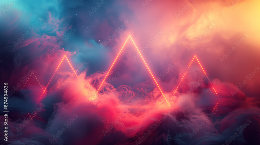 Poster neon glowing triangles in a colorful abstract scene