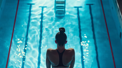 A man standing on a diving board ready to jump into a crystal-clear swimming pool
