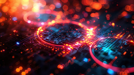 Light effects on digital circuit with bright neon lights. Tech background