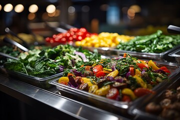 Obraz premium Fresh vegetables in a salad bar at a restaurant. Selective focus